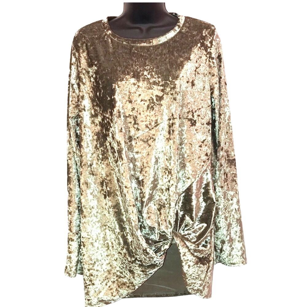 Bellamie Crushed Velvet Twist Front Tunic Top Green Large NWOT